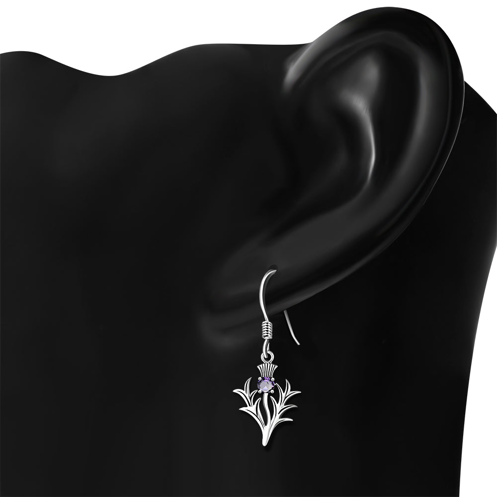 Large Thistle Silver Earrings w/ faceted Amethyst Stone