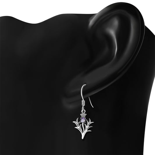 Large Thistle Silver Earrings w/ faceted Amethyst Stone