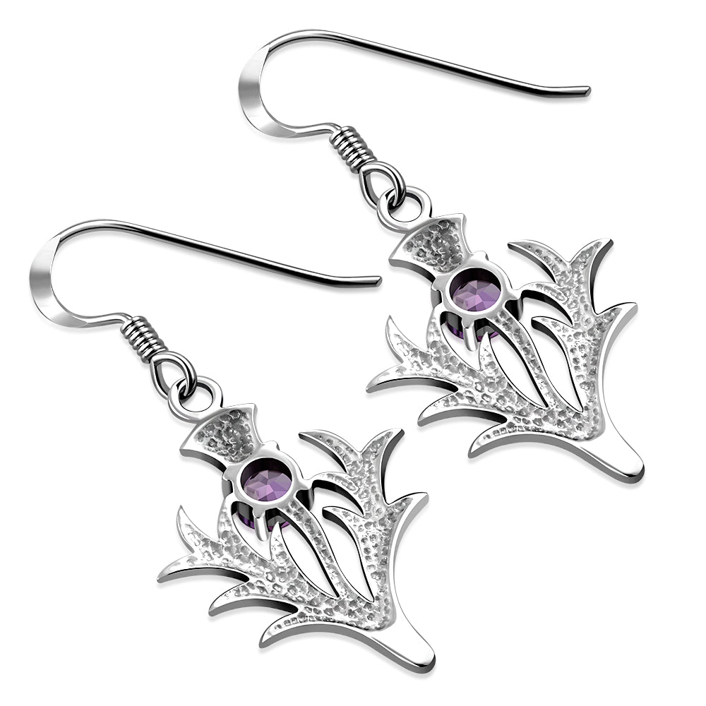 Large Thistle Silver Earrings w/ faceted Amethyst Stone