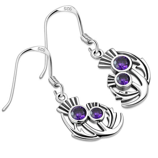 Amethyst CZ Sterling Silver Thistle Earrings