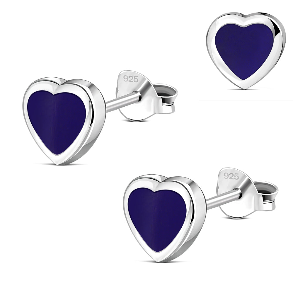Lapis Lazuli Blue Stone Heart Silver Stud Earrings