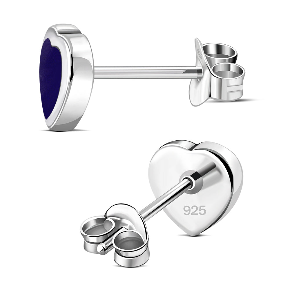Lapis Lazuli Blue Stone Heart Silver Stud Earrings