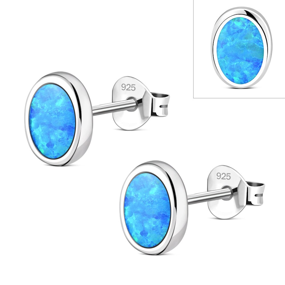 Synthetic Blue Opal Oval Sterling Silver Stud Earrings