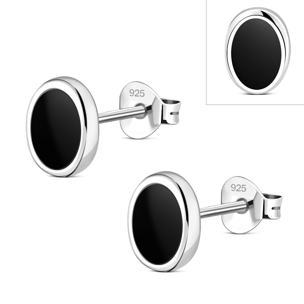 Black Onyx Oval Silver Stud Earrings