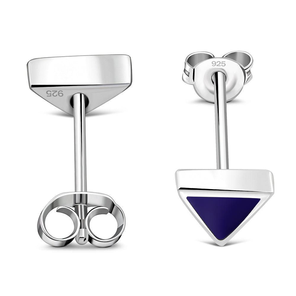 Lapis Lazuli Blue Stone Triangle Silver Stud Earrings