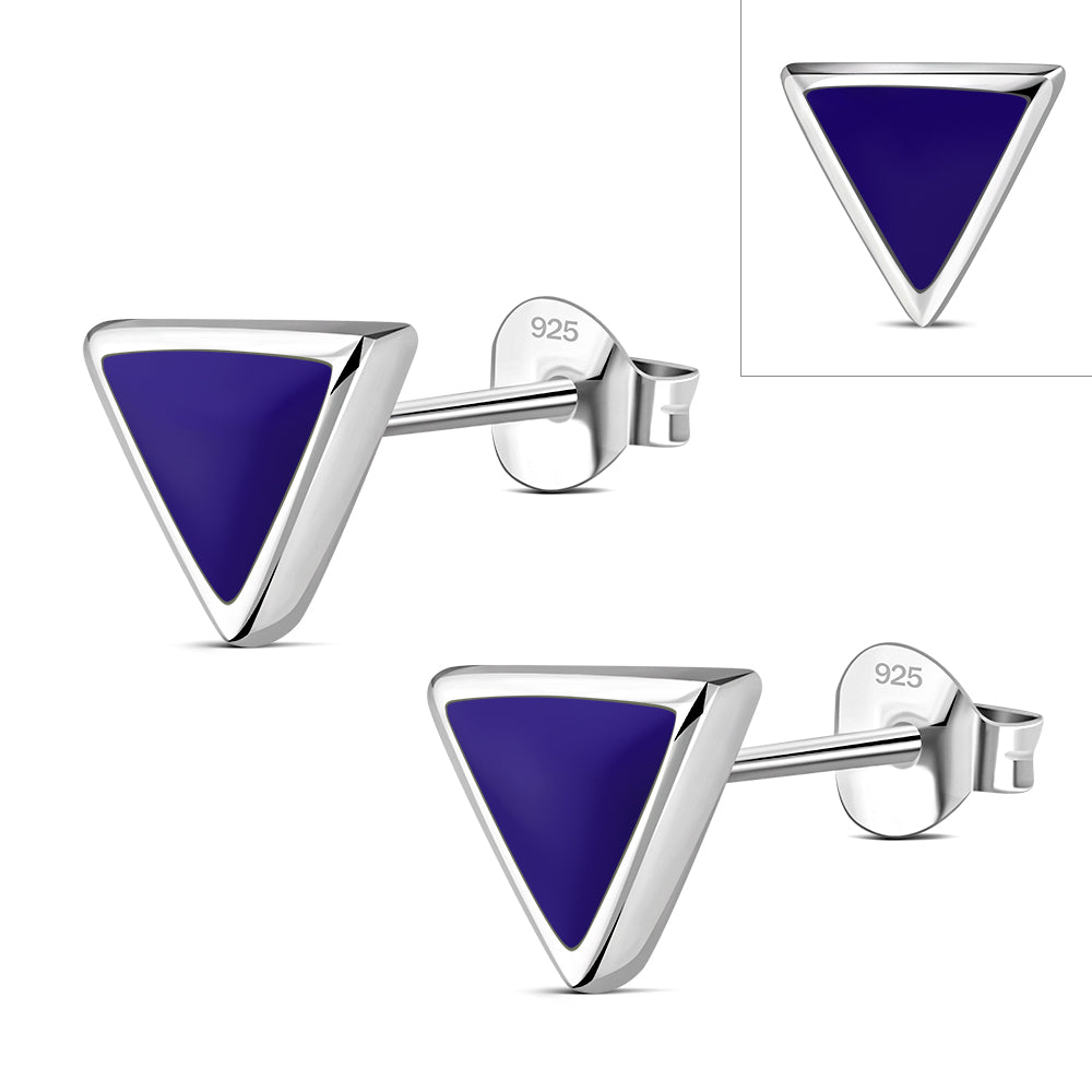 Lapis Lazuli Blue Stone Triangle Silver Stud Earrings
