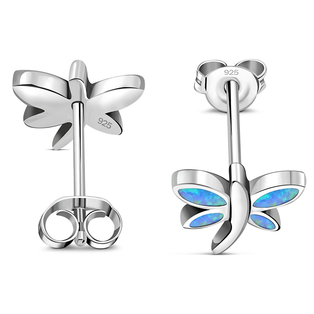 Butterfly Stud Synthetic Blue Opal Sterling Silver Earrings