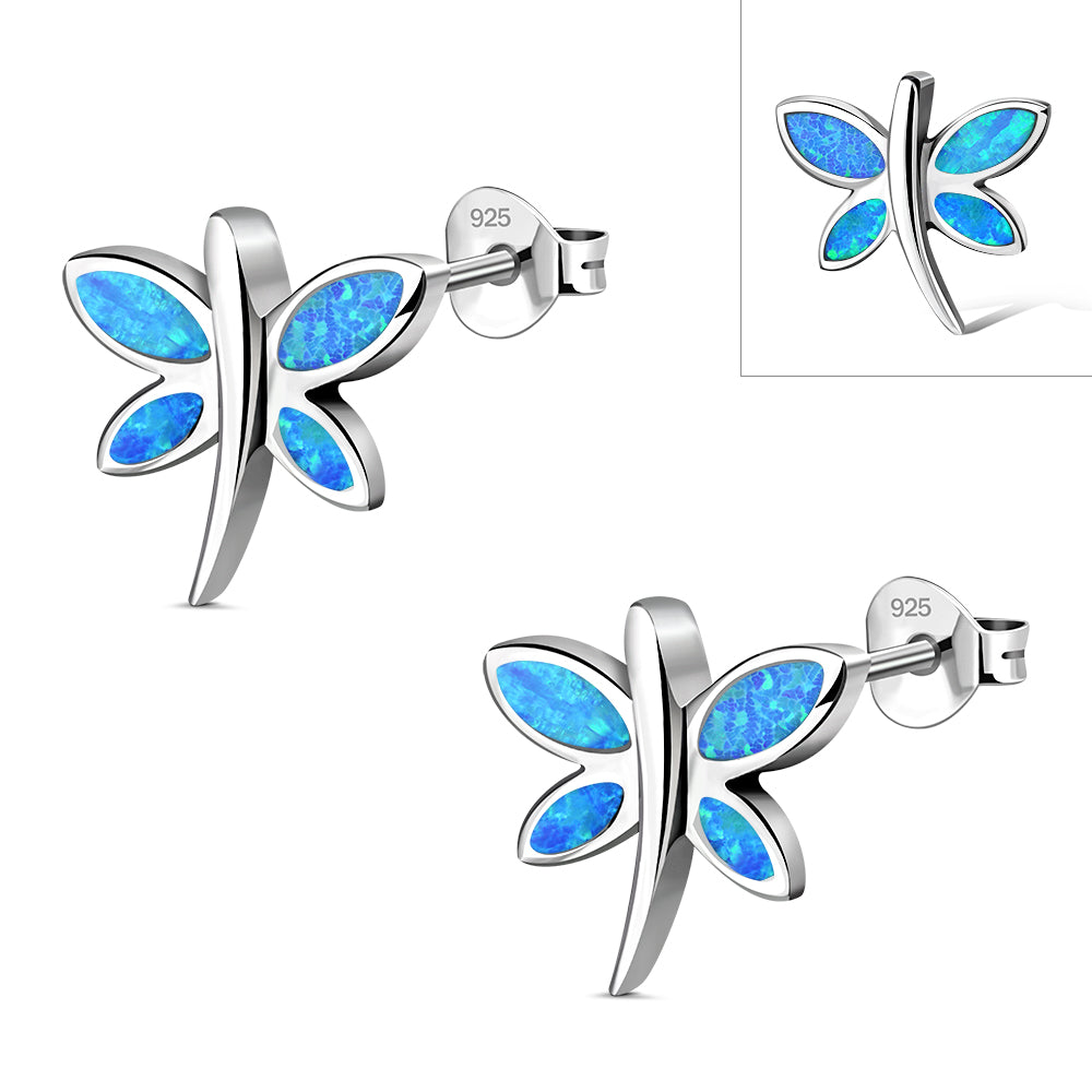 Butterfly Stud Synthetic Blue Opal Sterling Silver Earrings
