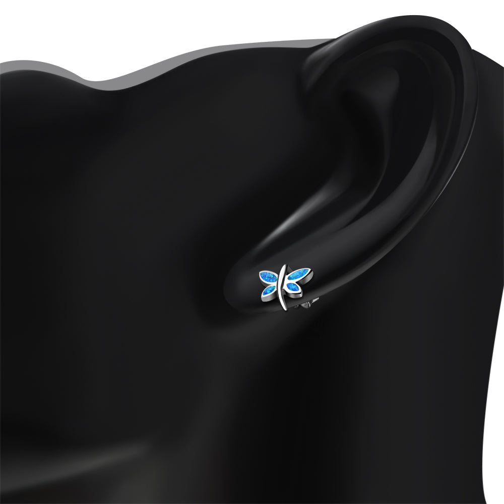 Butterfly Stud Synthetic Blue Opal Sterling Silver Earrings