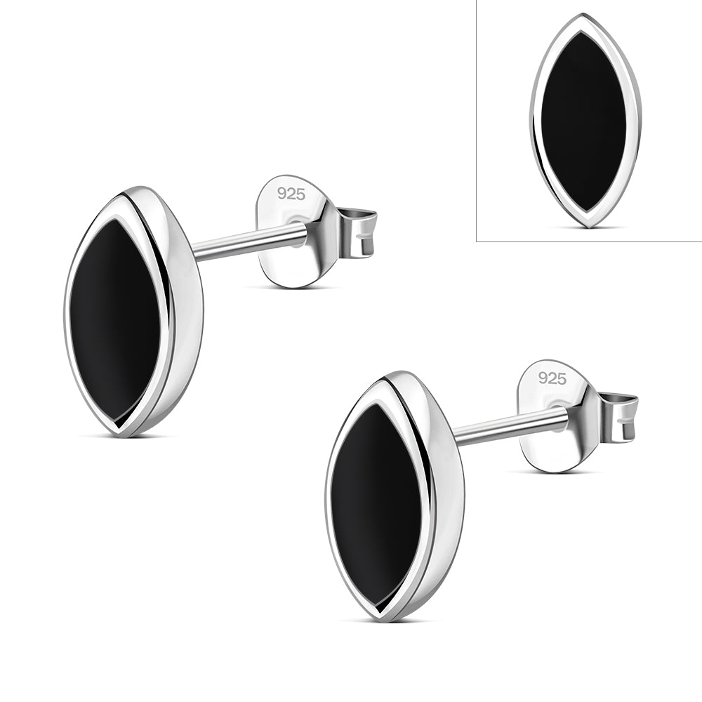 Black Onyx Lens Shaped Silver Stud Earrings