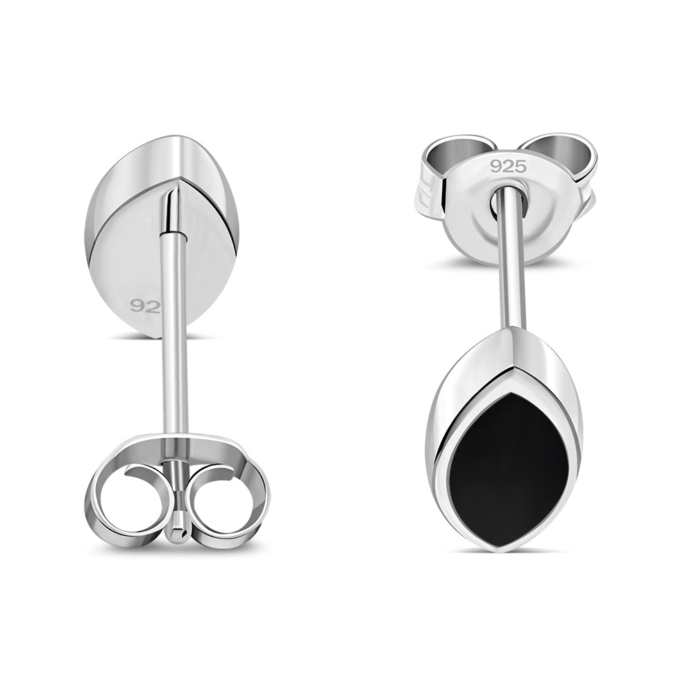 Black Onyx Lens Shaped Silver Stud Earrings