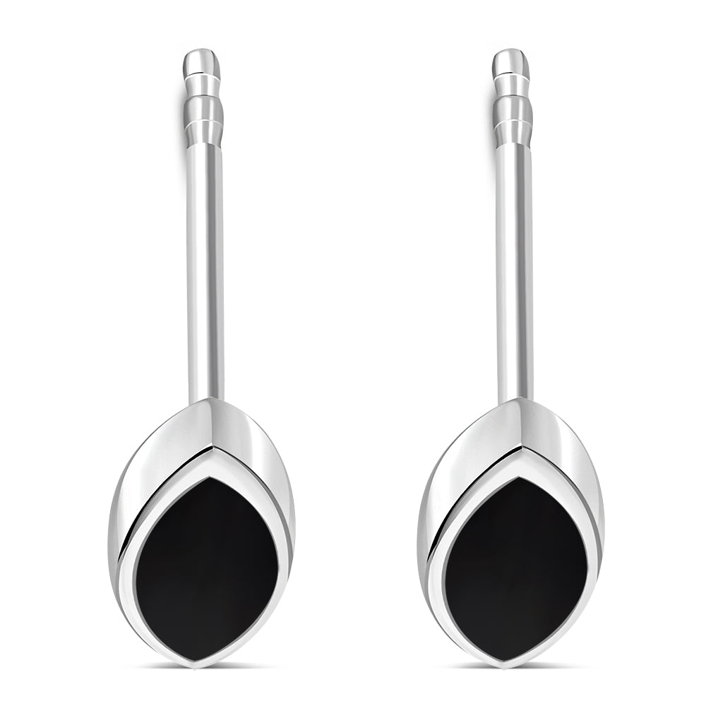 Black Onyx Lens Shaped Silver Stud Earrings