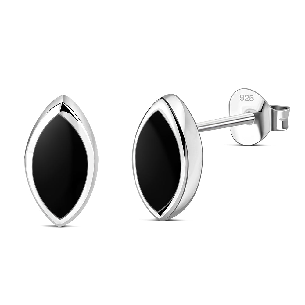 Black Onyx Lens Shaped Silver Stud Earrings