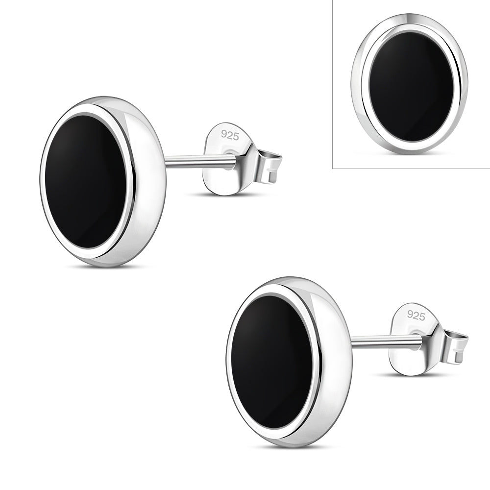 Black Onyx Oval Stud Silver Earrings
