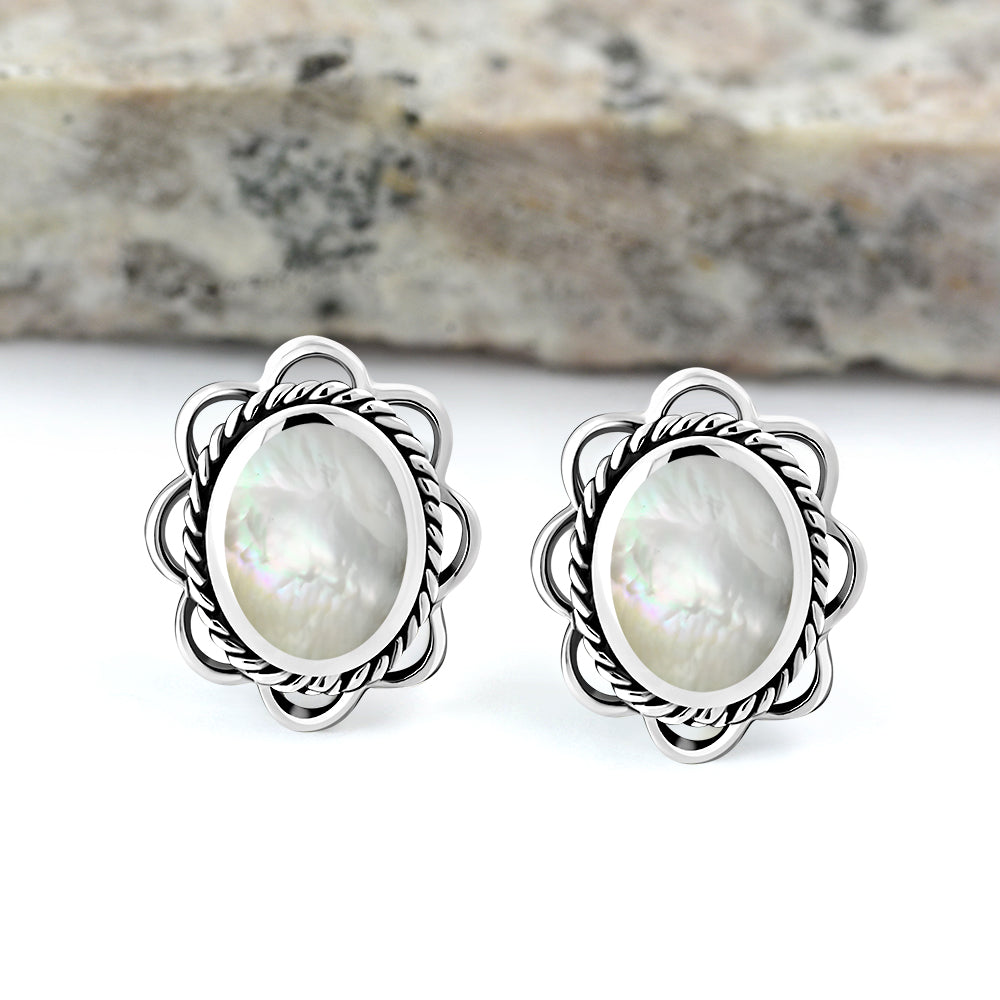 Mother of Pearl Oval Stud Silver Earrings