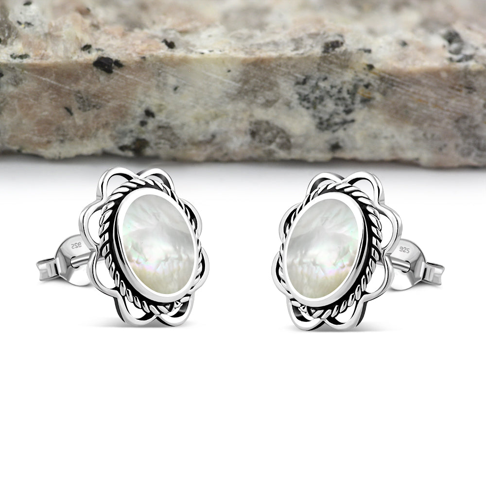 Mother of Pearl Oval Stud Silver Earrings
