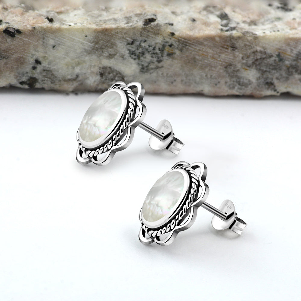 Mother of Pearl Oval Stud Silver Earrings