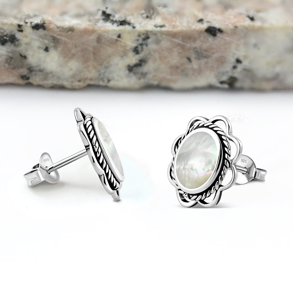 Mother of Pearl Oval Stud Silver Earrings