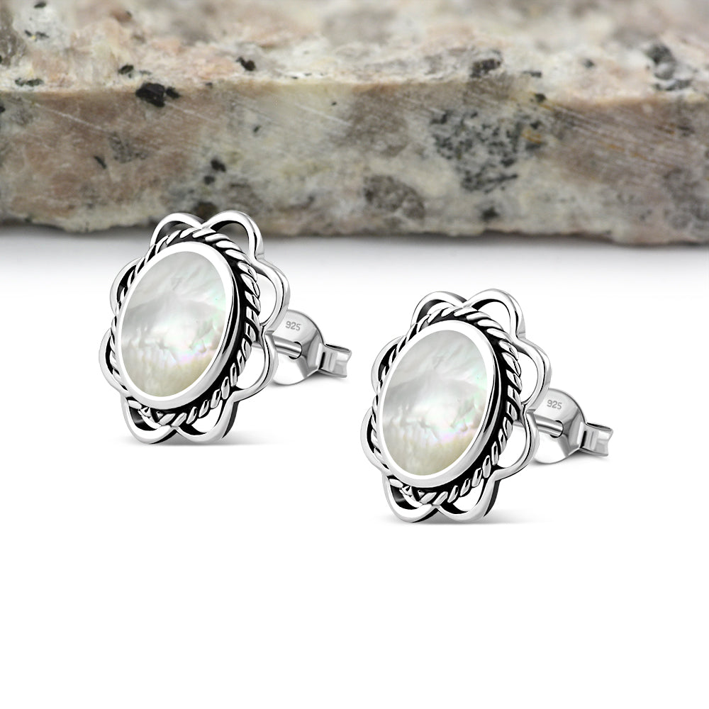 Mother of Pearl Oval Stud Silver Earrings