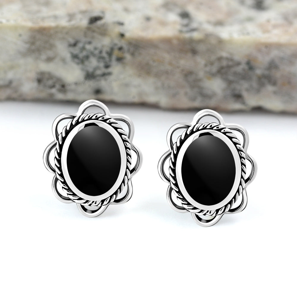 Black Onyx Oval Stud Silver Earrings