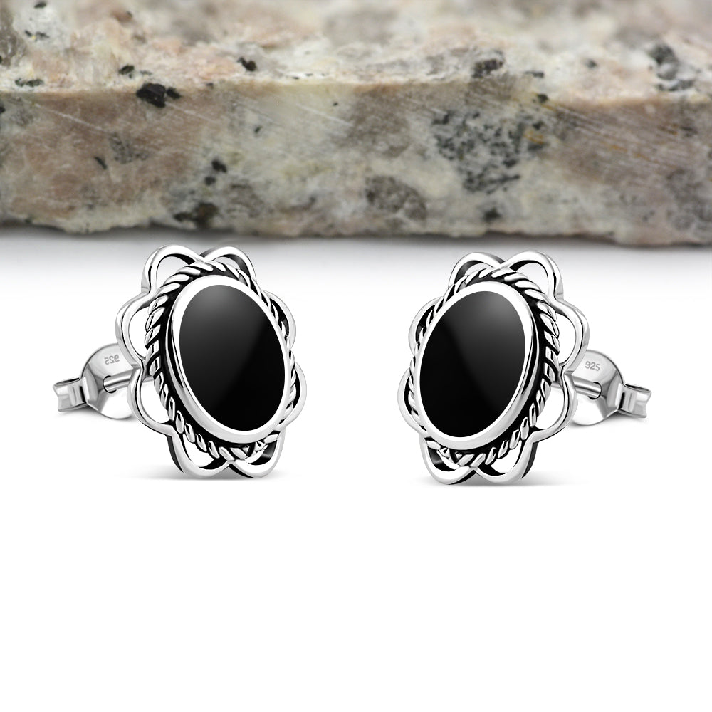 Black Onyx Oval Stud Silver Earrings