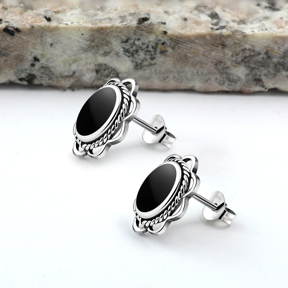 Black Onyx Oval Stud Silver Earrings