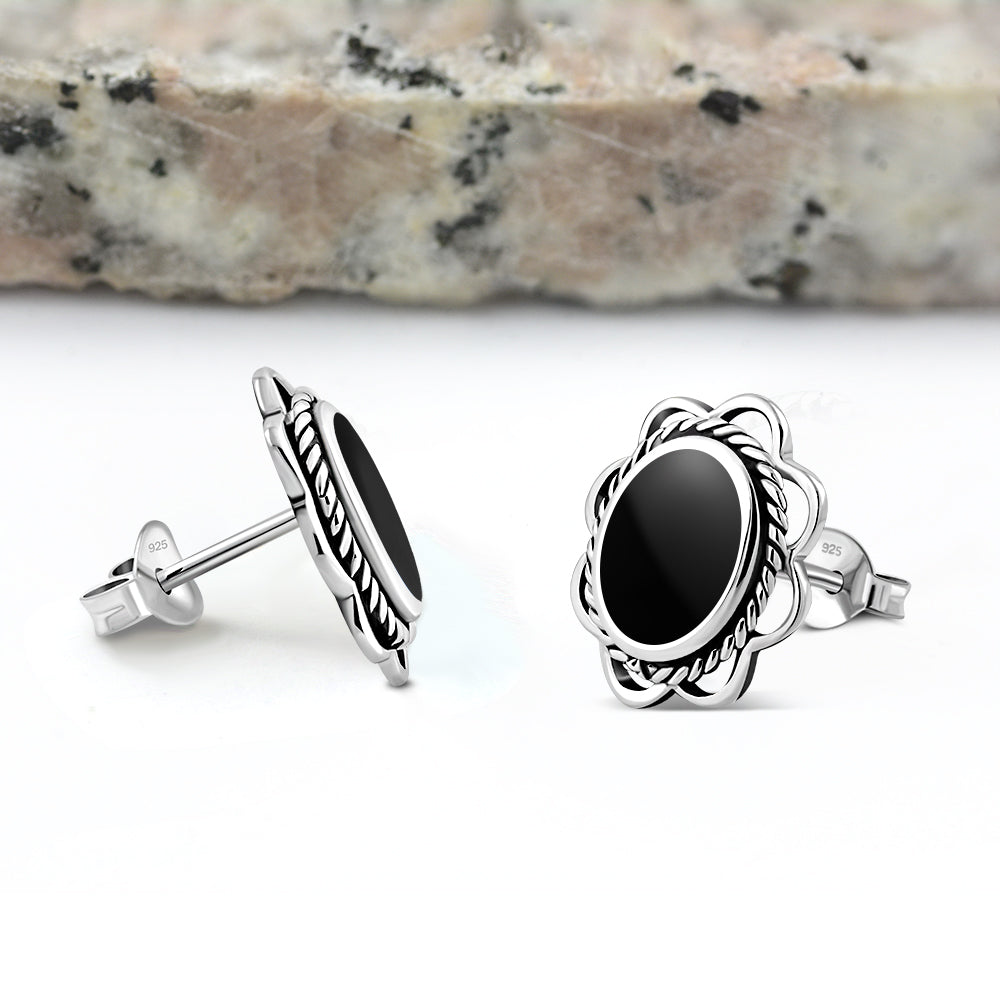 Black Onyx Oval Stud Silver Earrings