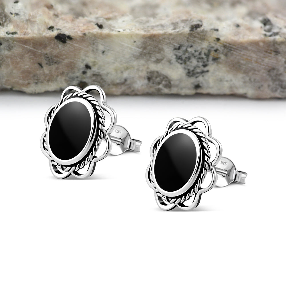 Black Onyx Oval Stud Silver Earrings
