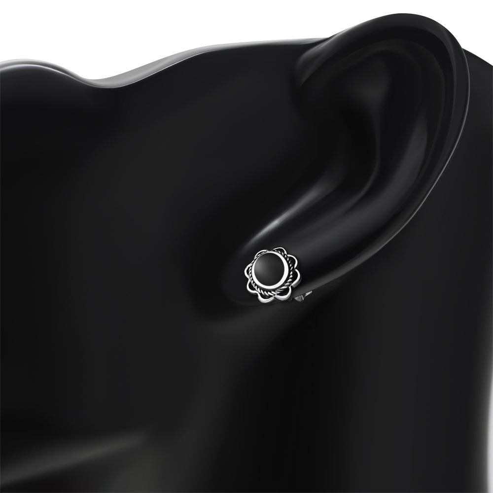 Black Onyx Oval Stud Silver Earrings