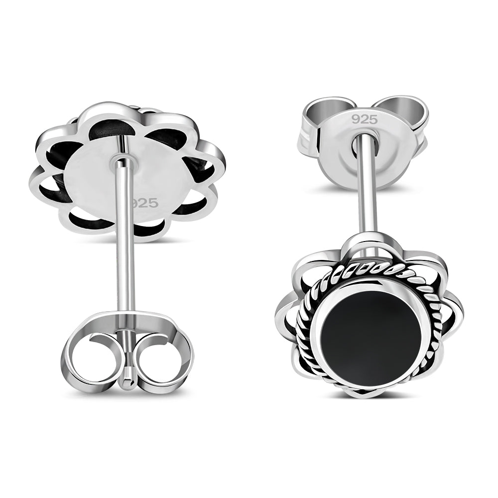 Black Onyx Oval Stud Silver Earrings