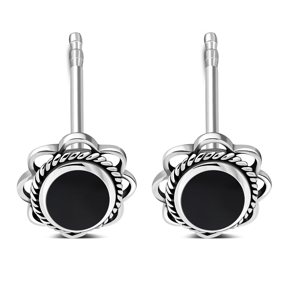 Black Onyx Oval Stud Silver Earrings