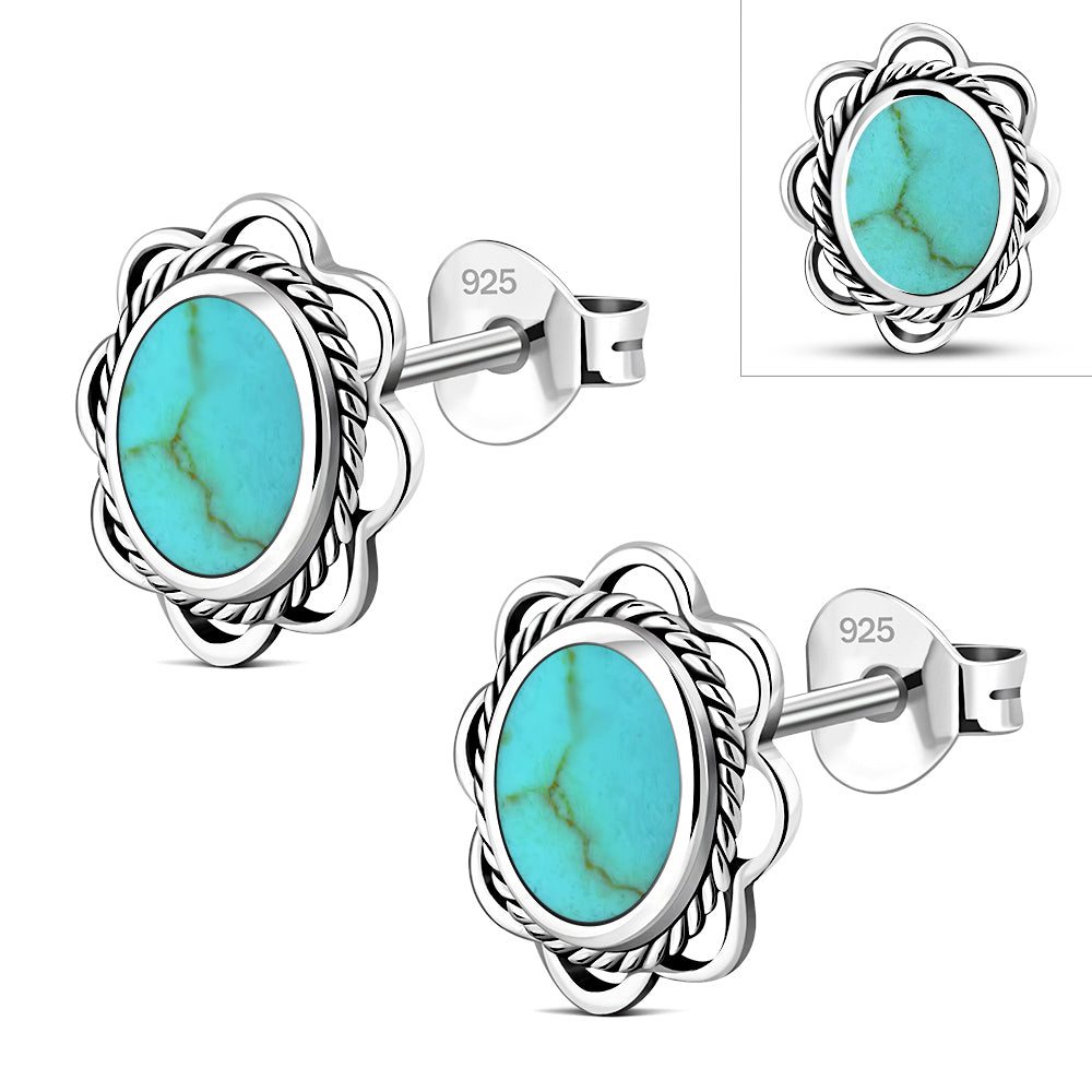 Turquoise Oval Braided Edge Silver Stud Earrings