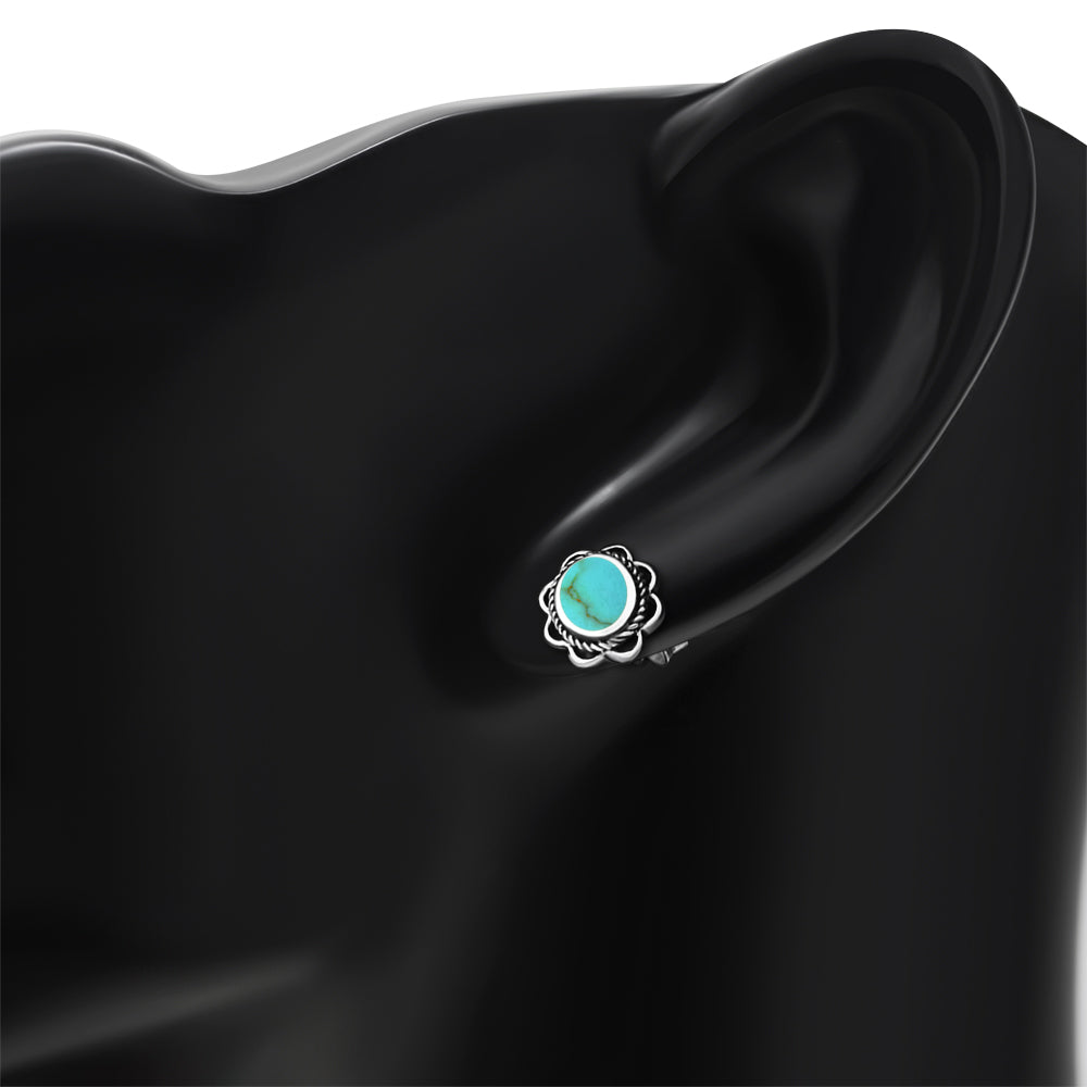 Turquoise Oval Braided Edge Silver Stud Earrings