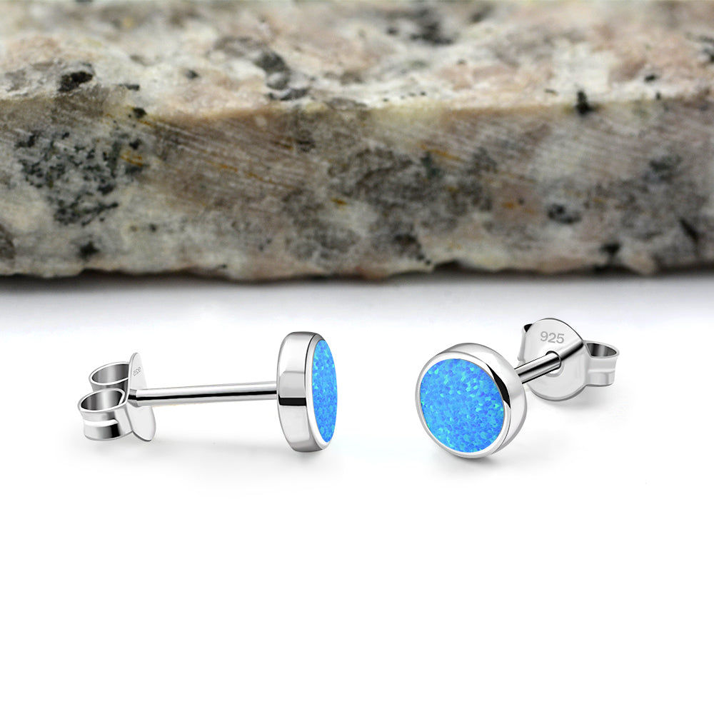 6mm | Synthetic Blue Opal Round Sterling Silver Stud Earrings