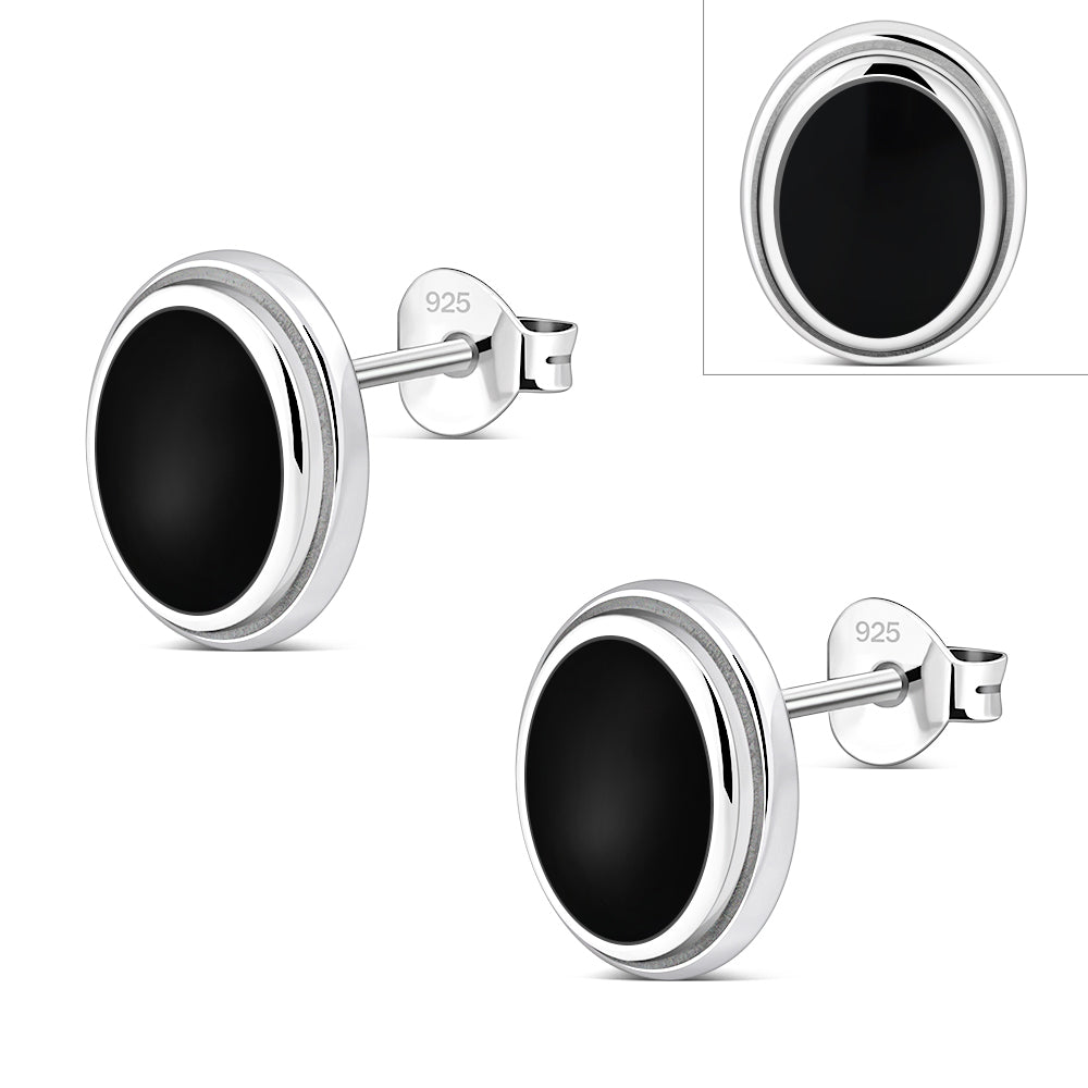 Black Onyx Oval Stud Silver Earrings