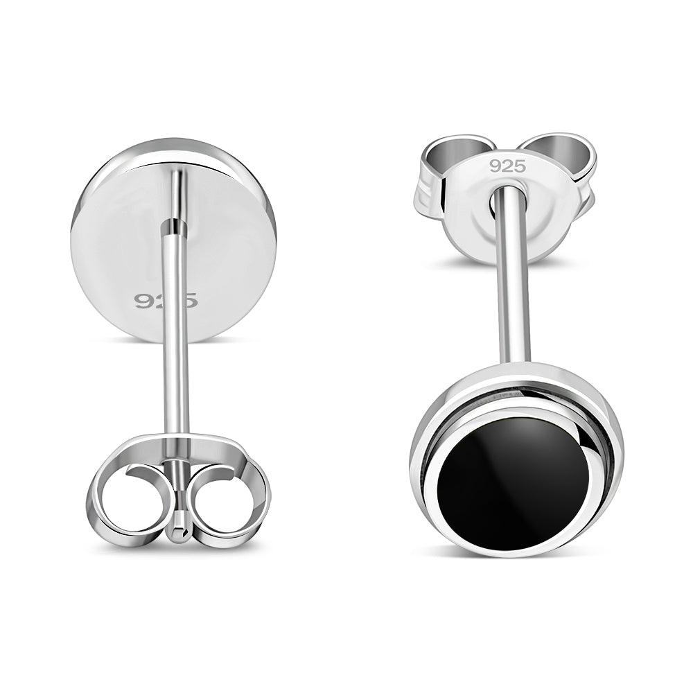 Black Onyx Oval Stud Silver Earrings