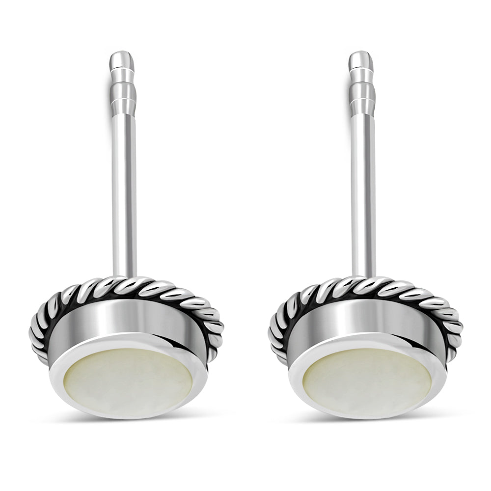 Mother of Pearl Round Stud Silver Earrings
