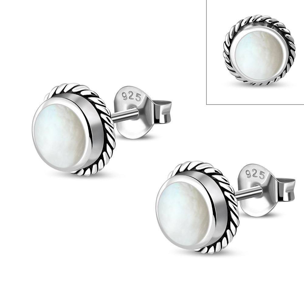 Mother of Pearl Round Stud Silver Earrings