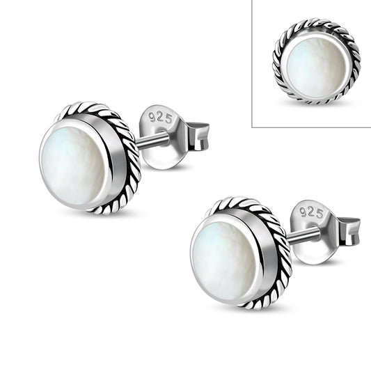 Mother of Pearl Round Stud Silver Earrings