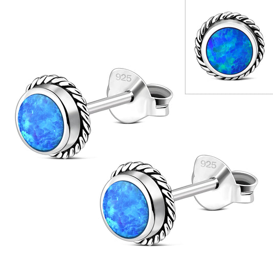 Synthetic Blue Opal Round Stud Silver Earrings