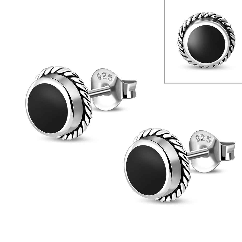Black Onyx Round Stud Silver Earrings
