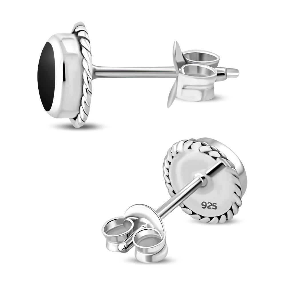 Black Onyx Round Stud Silver Earrings