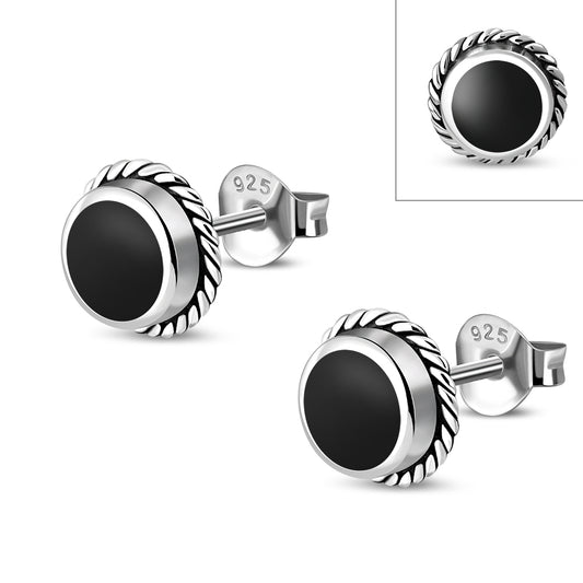 Black Onyx Round Stud Silver Earrings