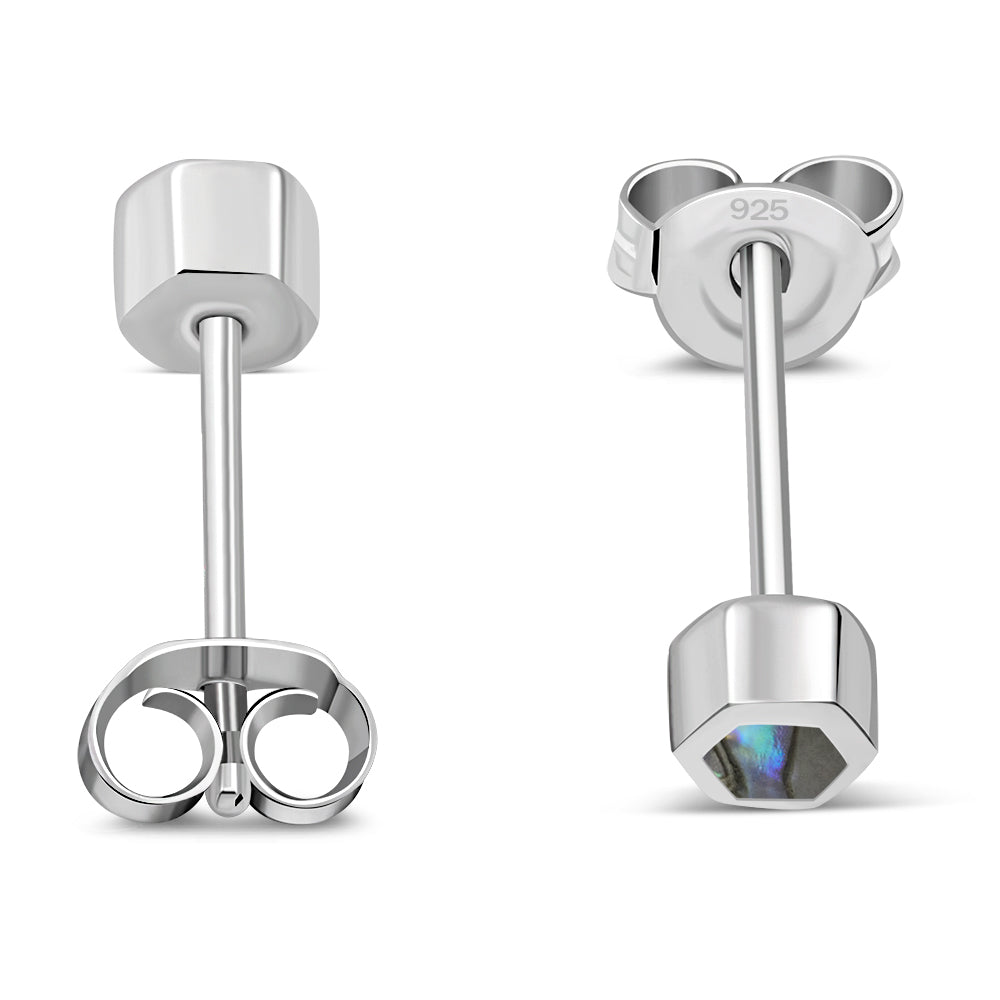 Tiny Abalone Shell Hexagon Silver Stud Earrings