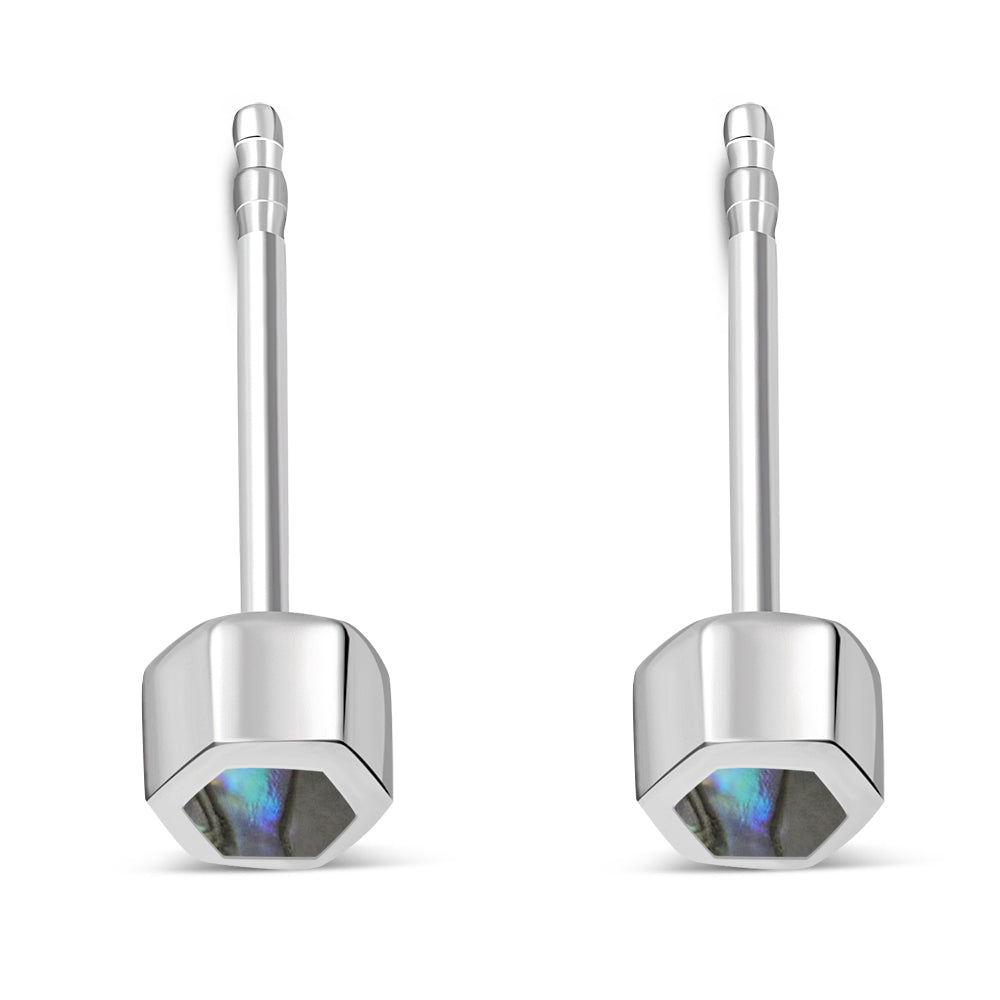 Tiny Abalone Shell Hexagon Silver Stud Earrings