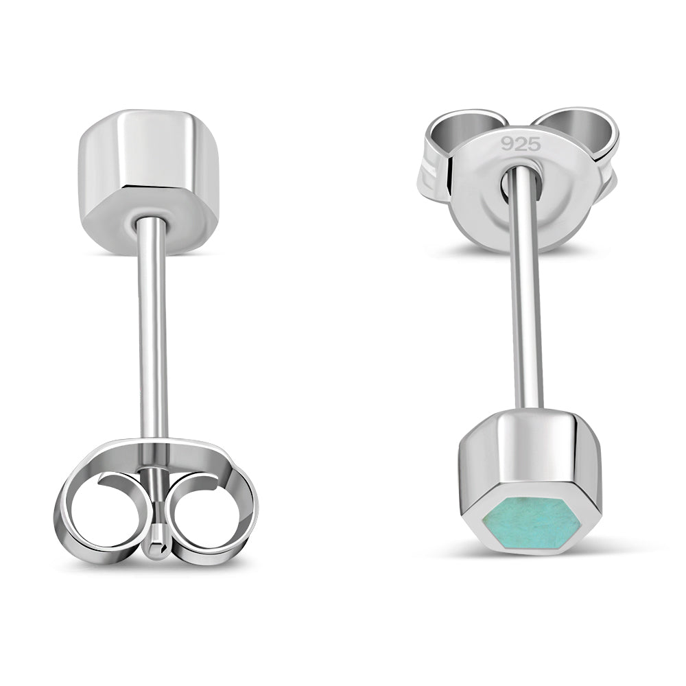 Tiny Turquoise Hexagon Silver Stud Earrings