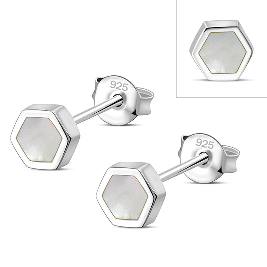 Mother of Pearl Hexagon Silver Stud Earrings