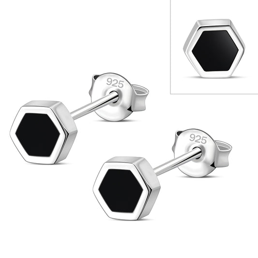 Black Onyx Hexagon Silver Stud Earrings