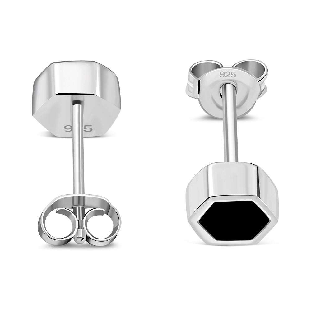Black Onyx Hexagon Silver Stud Earrings
