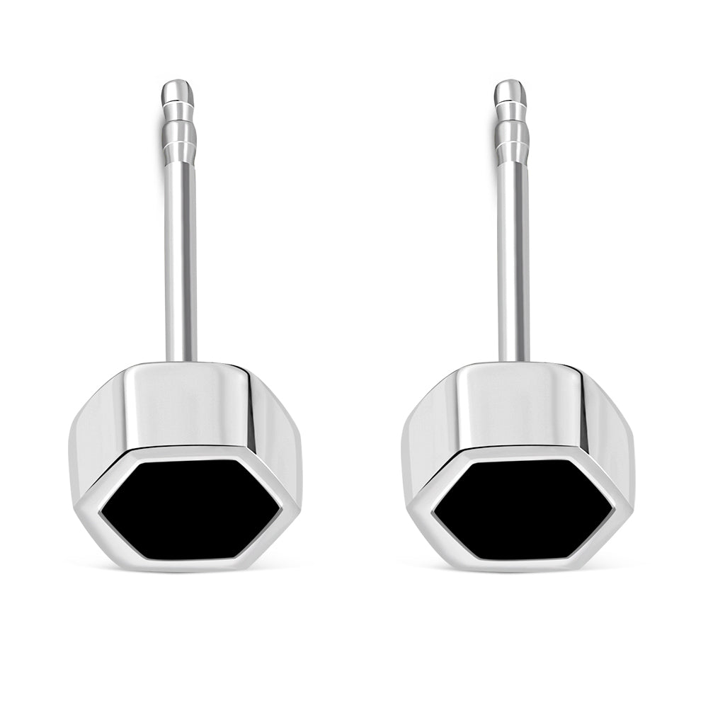 Black Onyx Hexagon Silver Stud Earrings